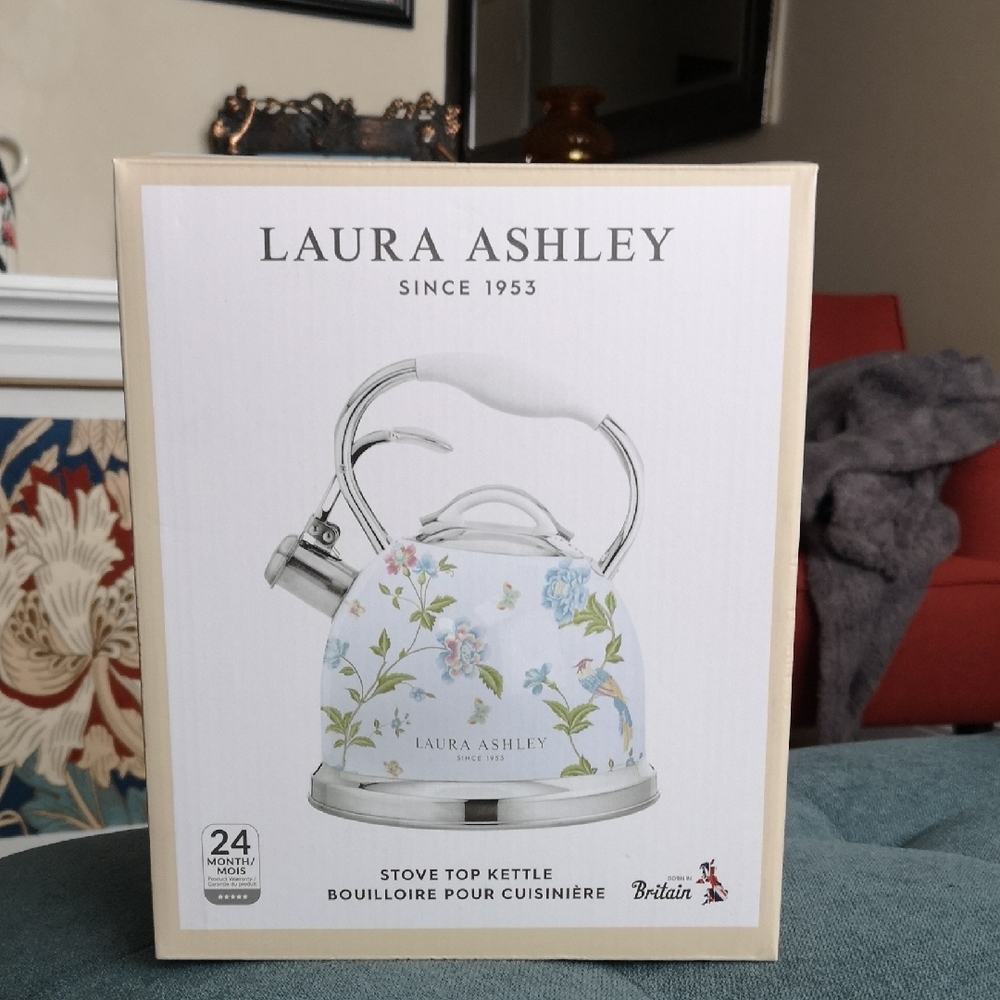 NEW Laura Ashley Blue Green Floral w Birds Stove Top Kettle 10 Cup 2.5L Whistle